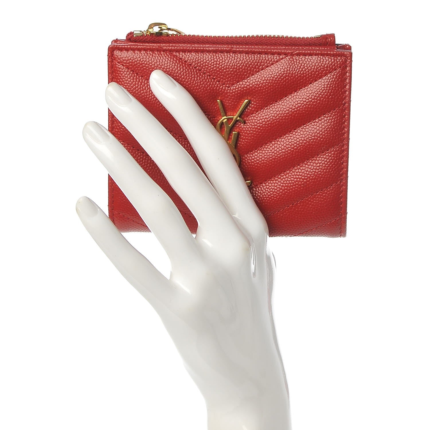 Saint Laurent Grain De Poudre Matelasse Chevron Monogram Zipped Card Case Rouge 2 of 7