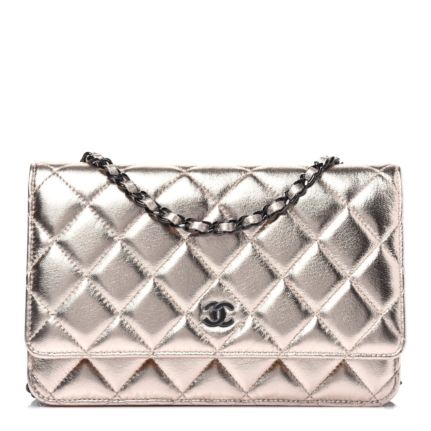 Chanel Metallic Lambskin Quilted Wallet On Chain WOC Gold Black 1 of 14