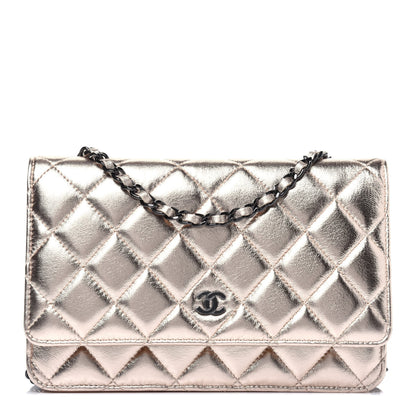 Chanel Metallic Lambskin Quilted Wallet On Chain WOC Gold Black 1 of 14