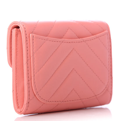 Chanel Lambskin Chevron Quilted Flap Card Holder Wallet Coral 3 of 9
