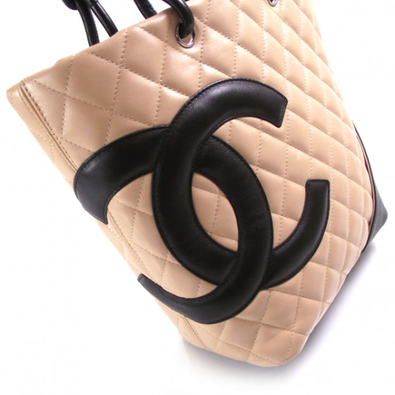 Calfskin Quilted Small Cambon Tote Beige Black