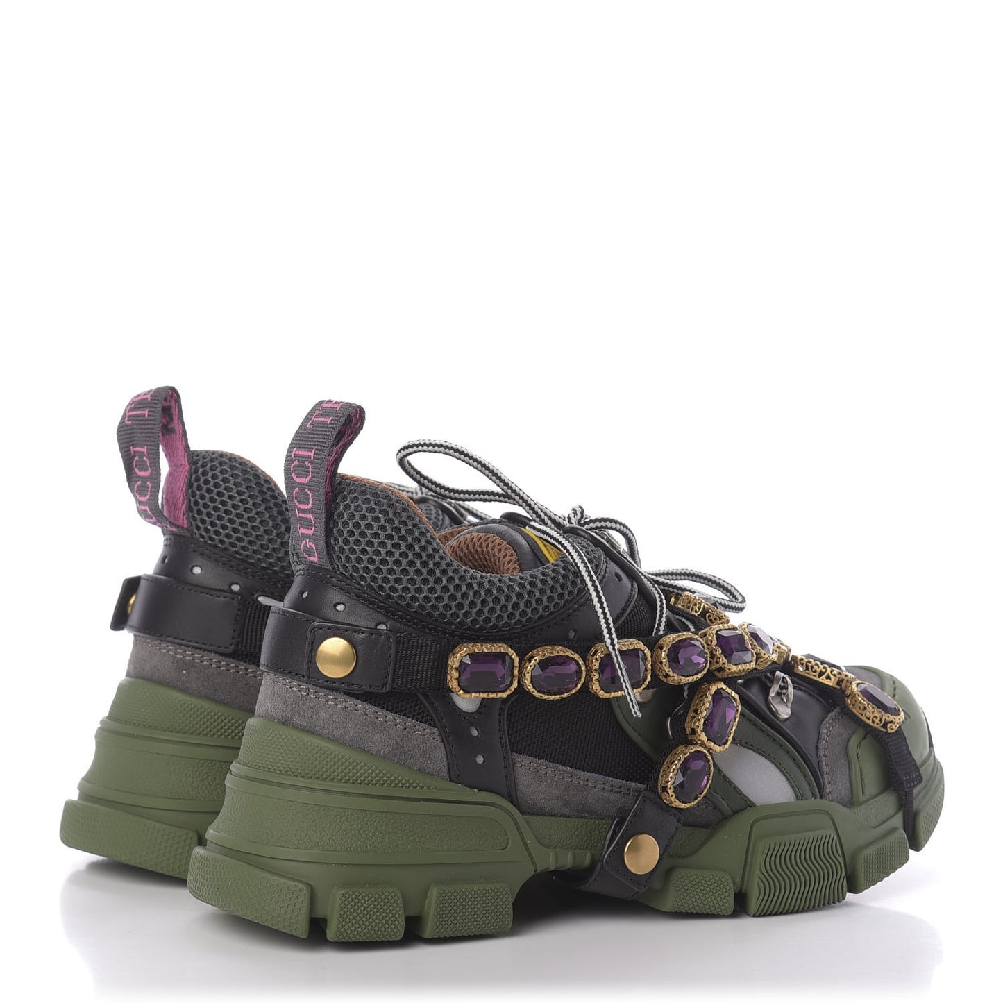 X SEGA Mesh Suede Calfskin Removable Crystals Flashtrek Sneakers 37 Loess Black Olive Green