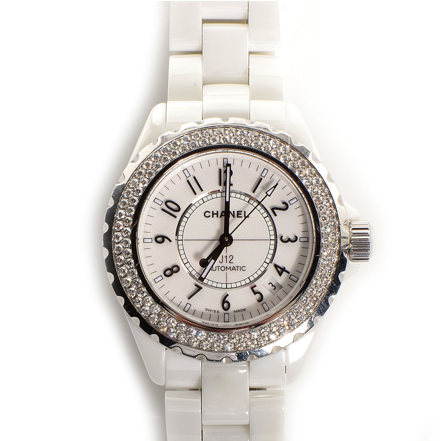 Stainless Steel Ceramic Diamond Pave Bezel 38mm J12 Automatic Watch White