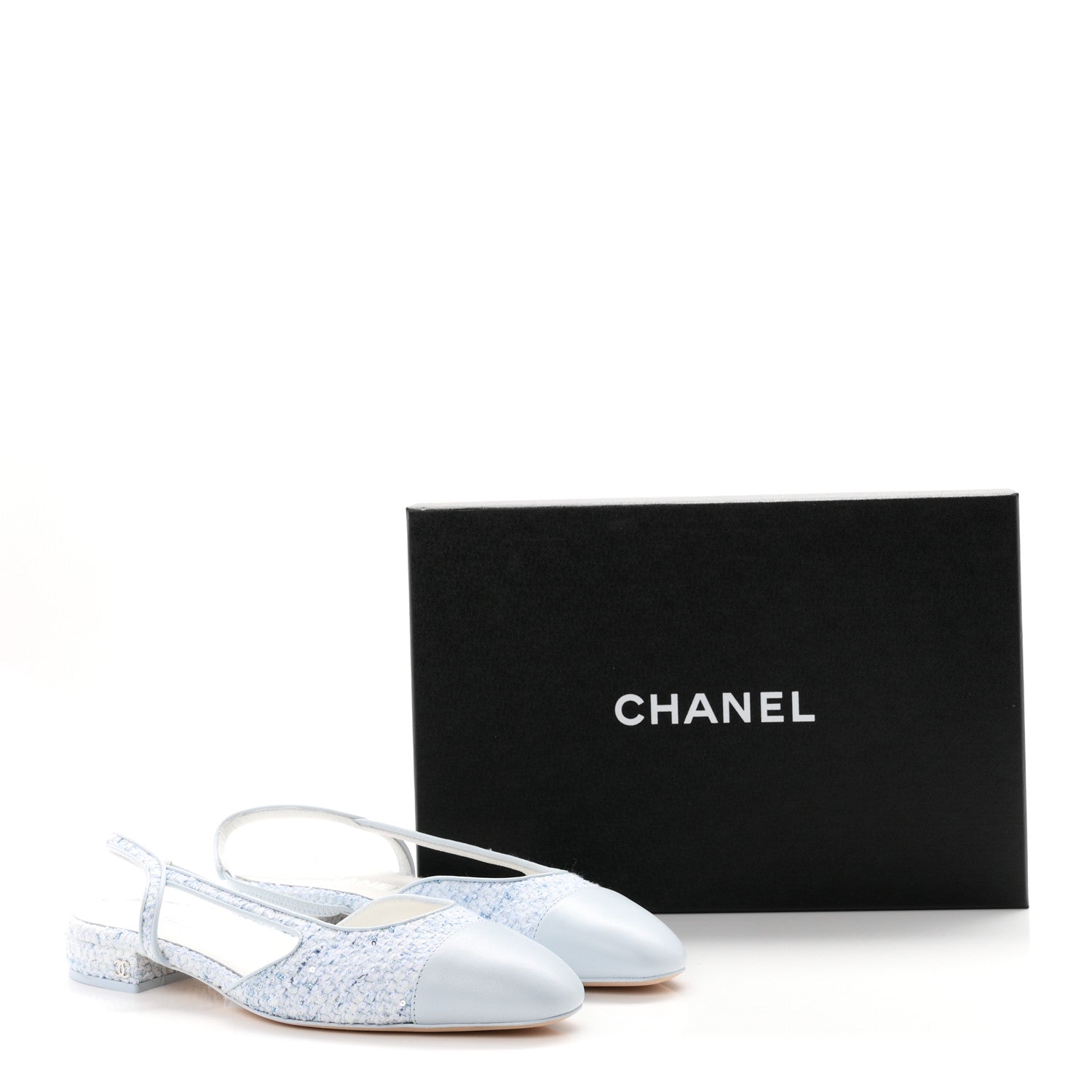 Chanel Tweed Lambskin Cap Toe Slingback Flats 39.5 Blue White Silver 10 of 10