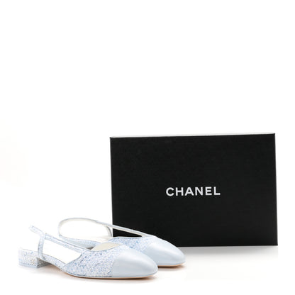 Chanel Tweed Lambskin Cap Toe Slingback Flats 39.5 Blue White Silver 10 of 10