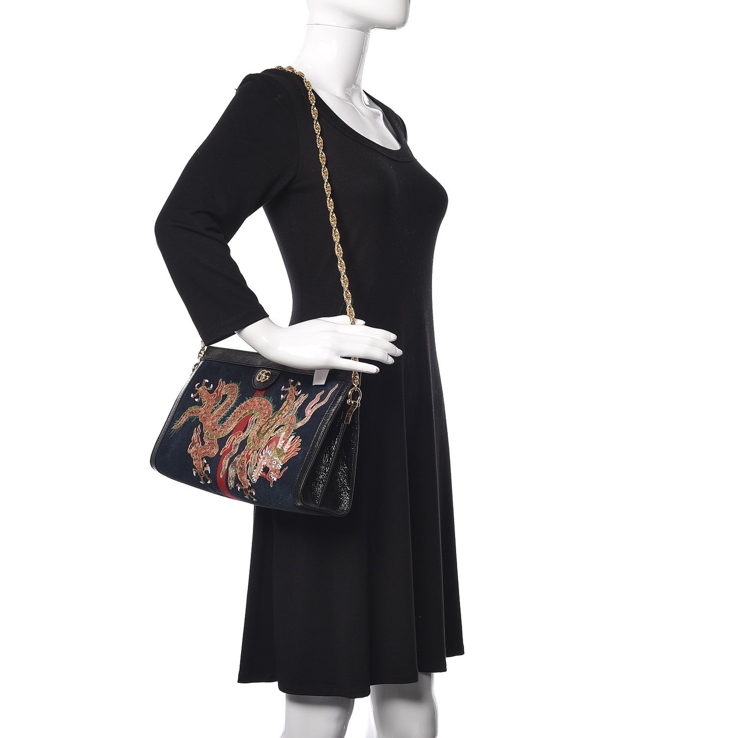 Suede Patent Web Dragon Embroidered Medium Ophidia Chain Shoulder Bag Blue Multicolor Black