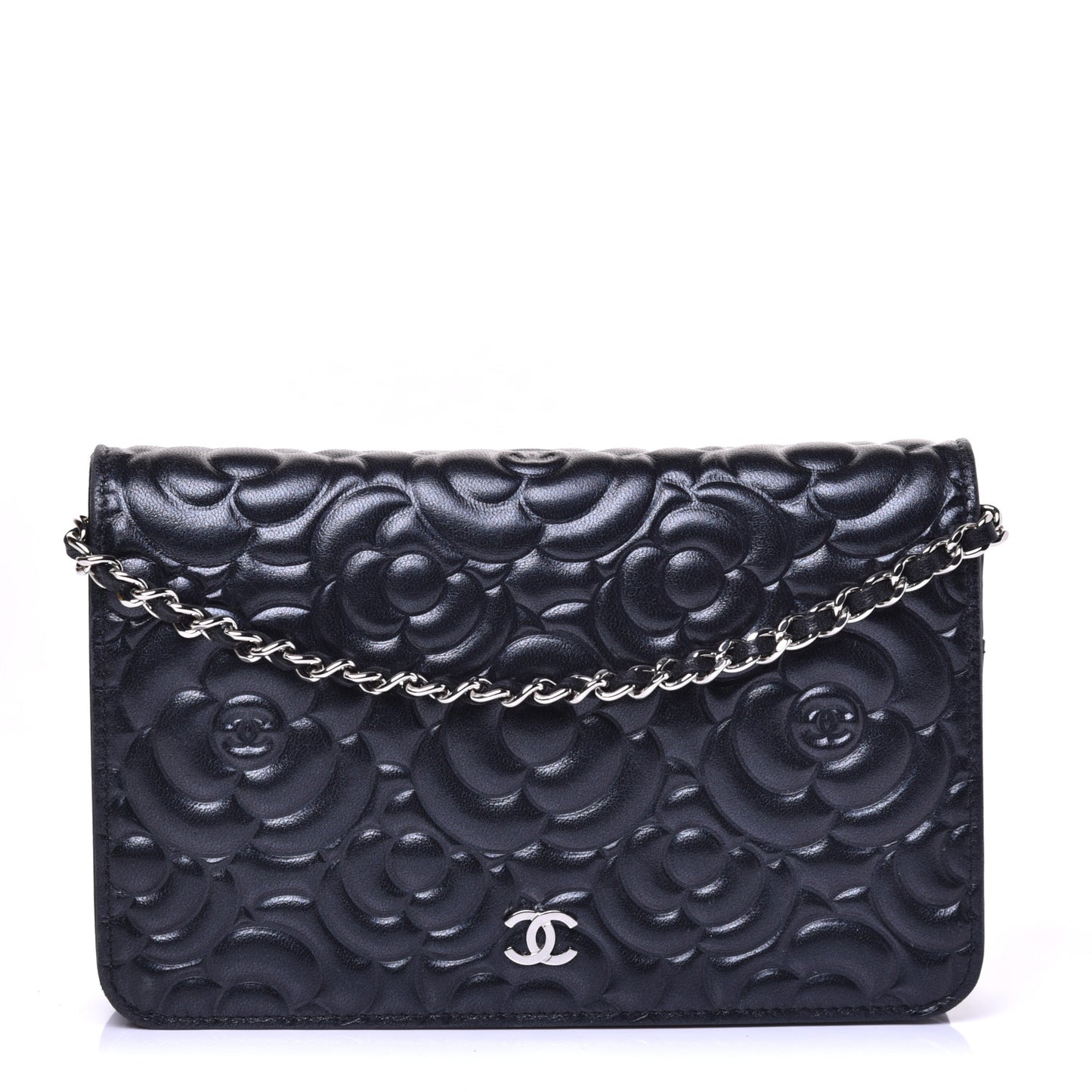 Goatskin Camellia Embossed Wallet on Chain WOC Black