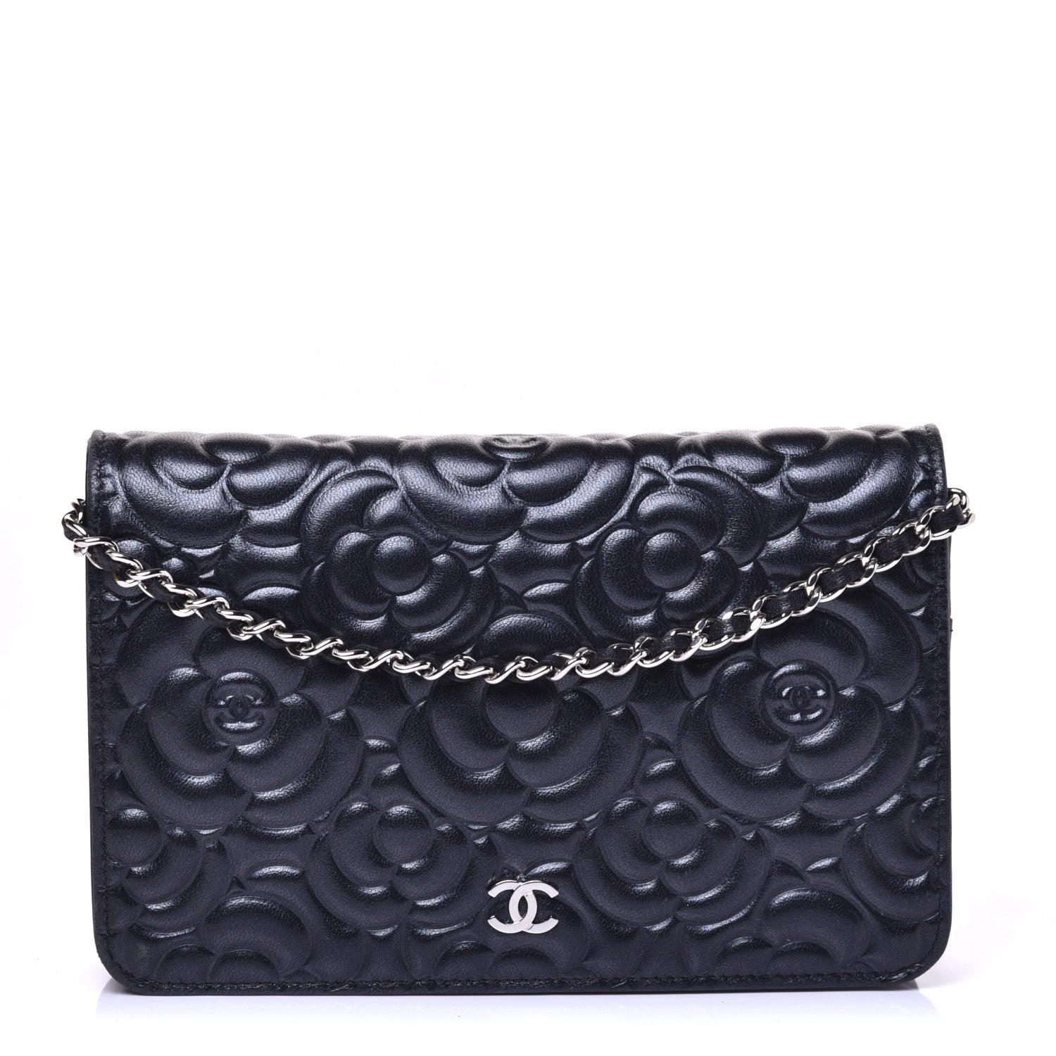 Chanel Goatskin Camellia Embossed Wallet on Chain WOC Black 1 of 9