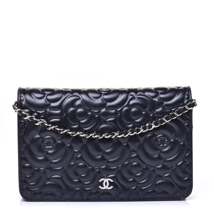 Chanel Goatskin Camellia Embossed Wallet on Chain WOC Black 1 of 9