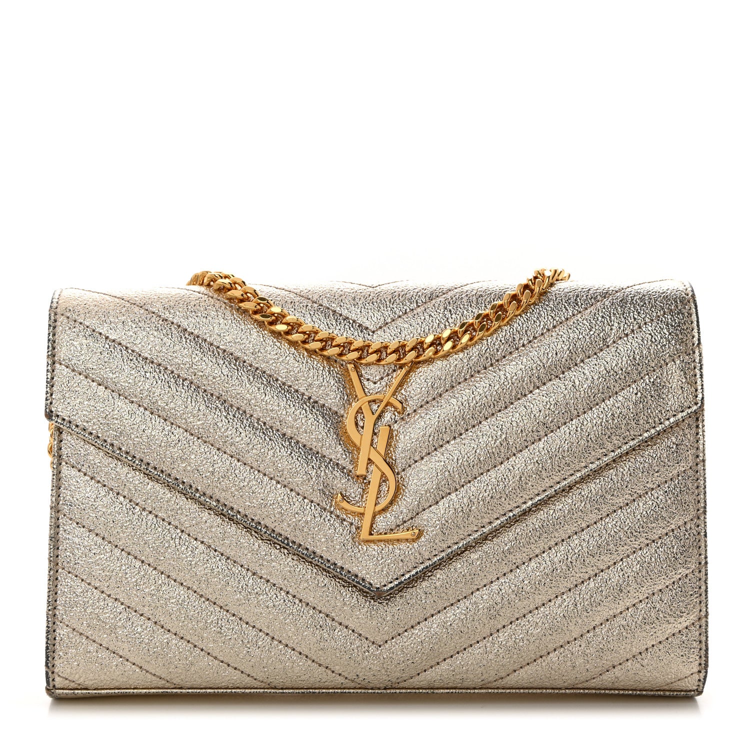 Saint Laurent Metallic Crackled Calfskin Matelasse Chevron Monogram Chain Wallet Gold 1 of 11