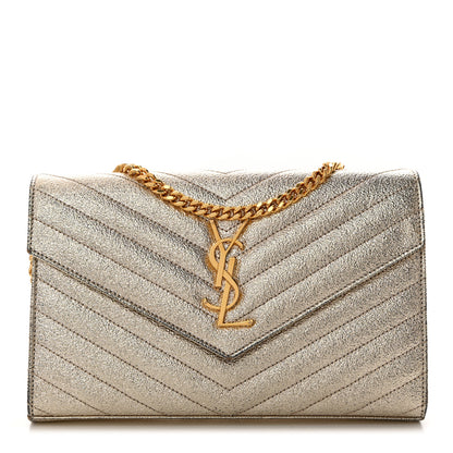 Saint Laurent Metallic Crackled Calfskin Matelasse Chevron Monogram Chain Wallet Gold 1 of 11