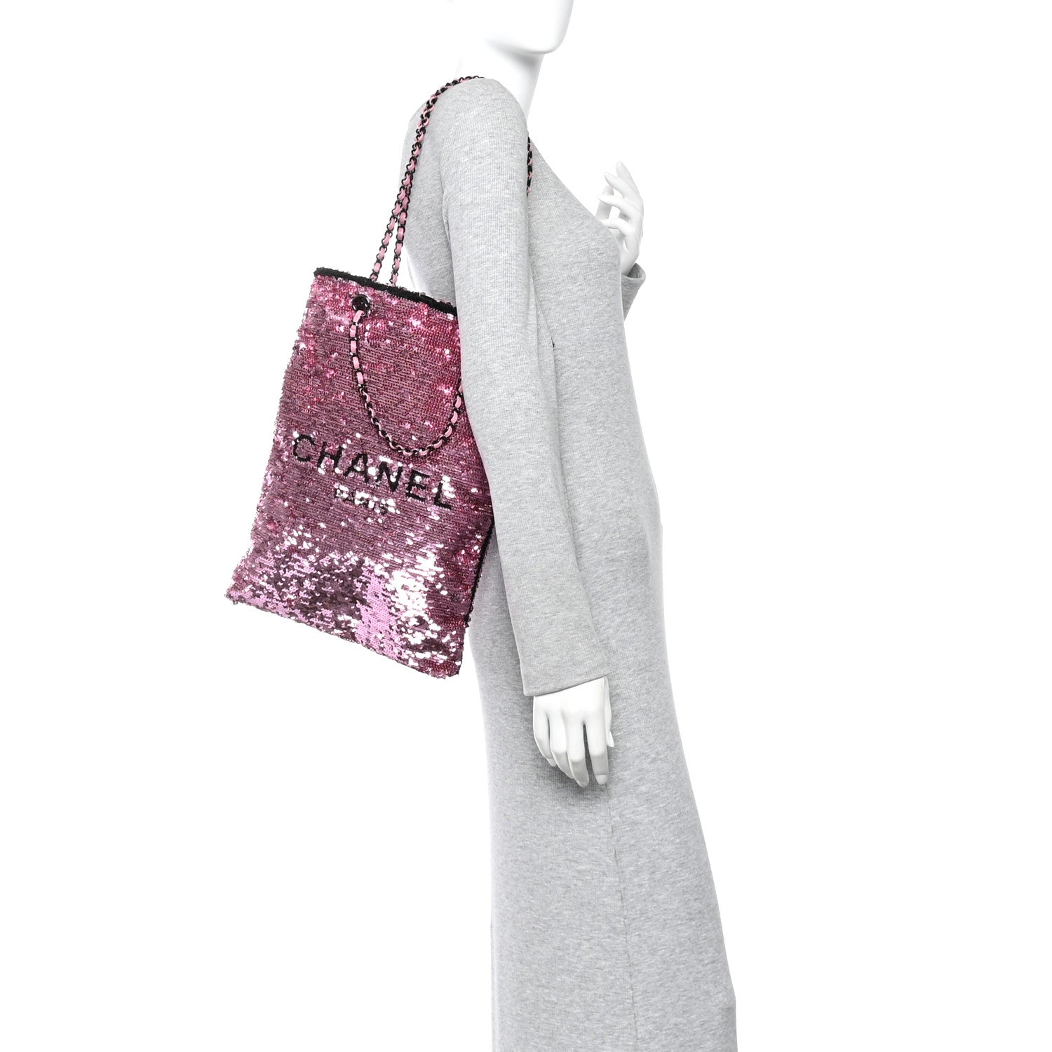 Chanel Sequin Logo Shopping Tote Pink Black 2 of 12