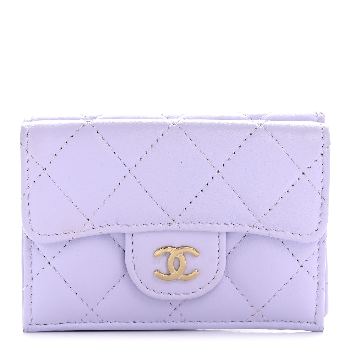 Lambskin Quilted Tri-Fold Flap Wallet Light Purple
