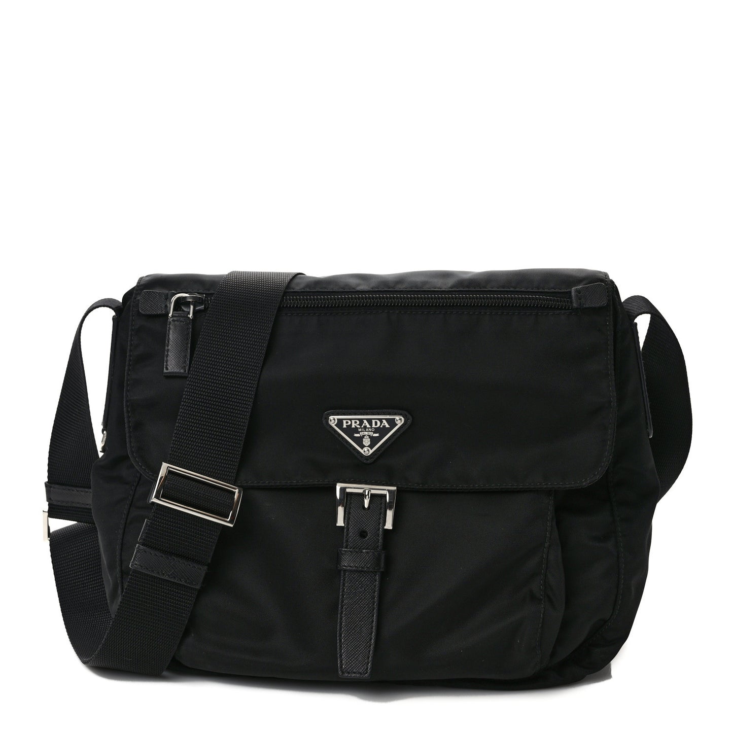 Re-Nylon Vela Saffiano Pocket Single Buckle Messenger Shoulder Bag Black