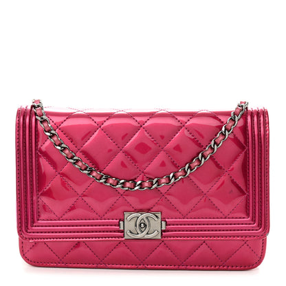 Chanel Metallic Patent Calfskin Quilted Boy Wallet on Chain WOC Fuchsia 1 of 16