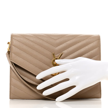 Saint Laurent Grain De Poudre Matelasse Chevron Monogram Envelope Clutch Dark Beige 2 of 9