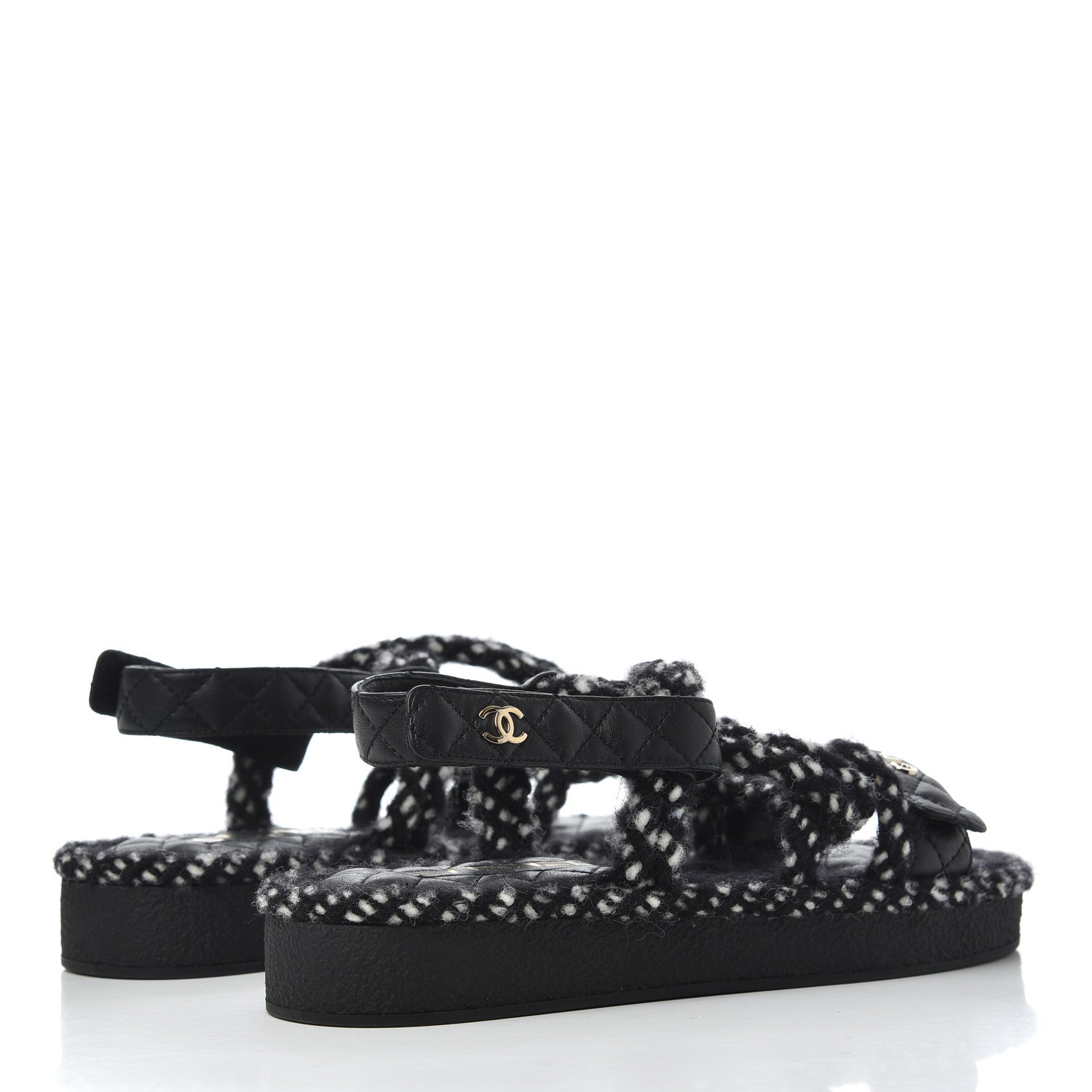 Chanel Cord Lambskin Quilted Logo Sandals 39 Black White 4 of 9