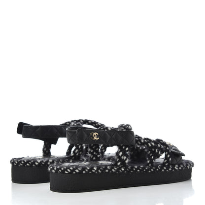 Chanel Cord Lambskin Quilted Logo Sandals 39 Black White 4 of 9