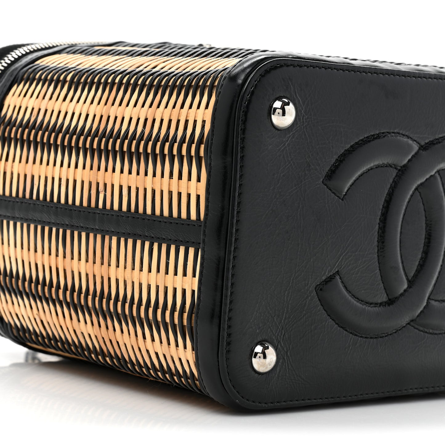 Glazed Calfskin Raffia Vanity Case Bag Black Beige