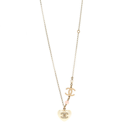 Chanel Resin Crystal CC Heart Necklace Pearly White Gold 1 of 4