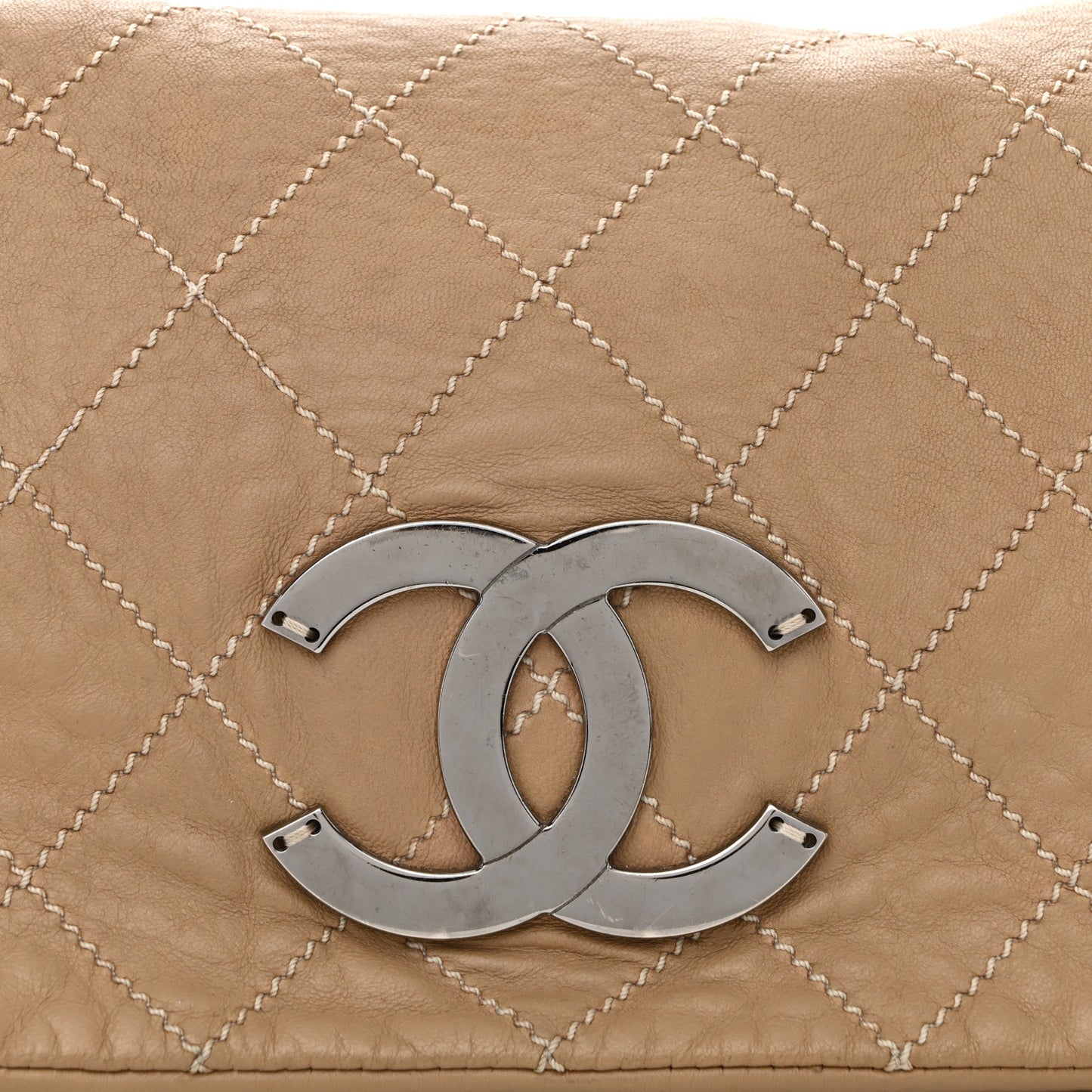 Lambskin Contrast Stitch Surpique Accordion Flap Beige