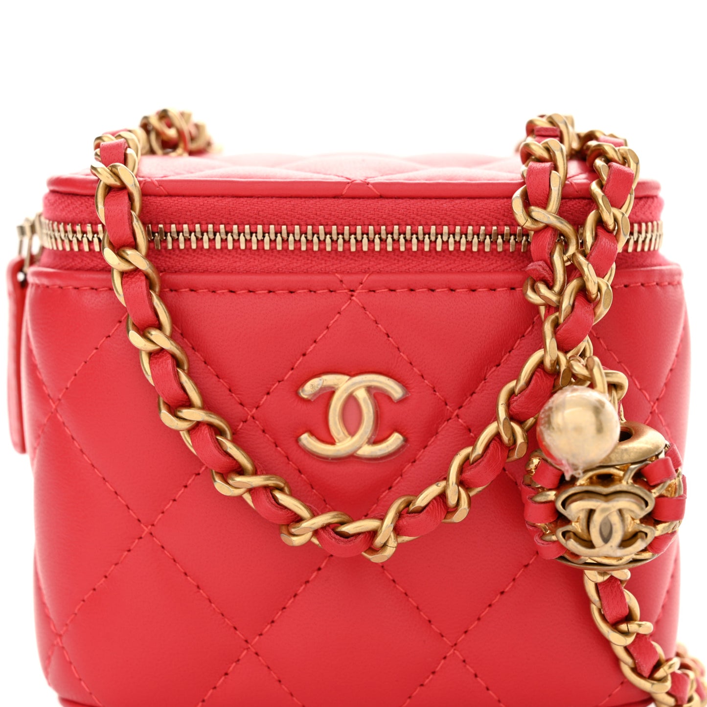 Lambskin Quilted Pearl Crush Mini Vanity Case With Chain Red