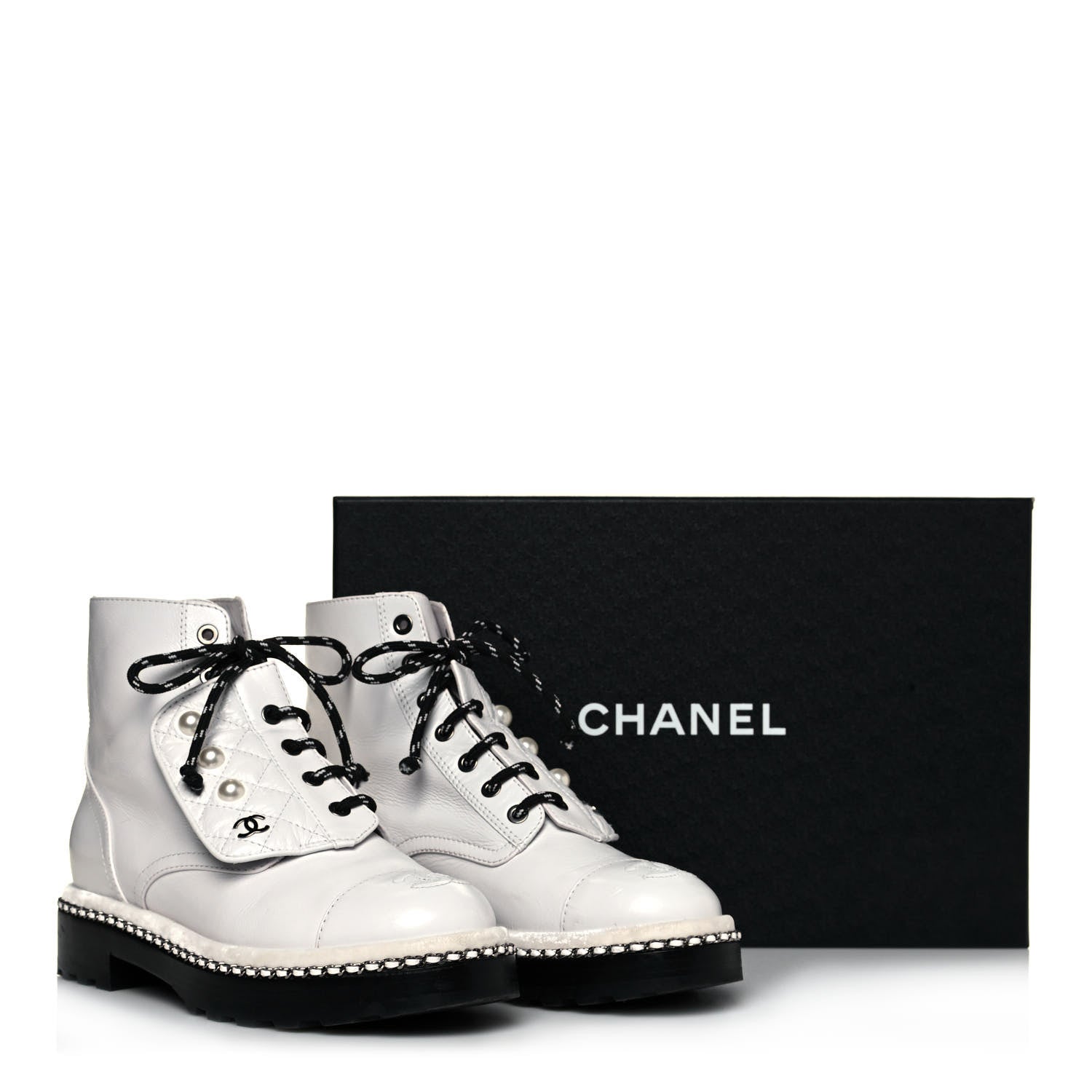 Chanel Crackled Calfskin Pearl Chain CC Combat Short Boots 36.5 White 9 of 9