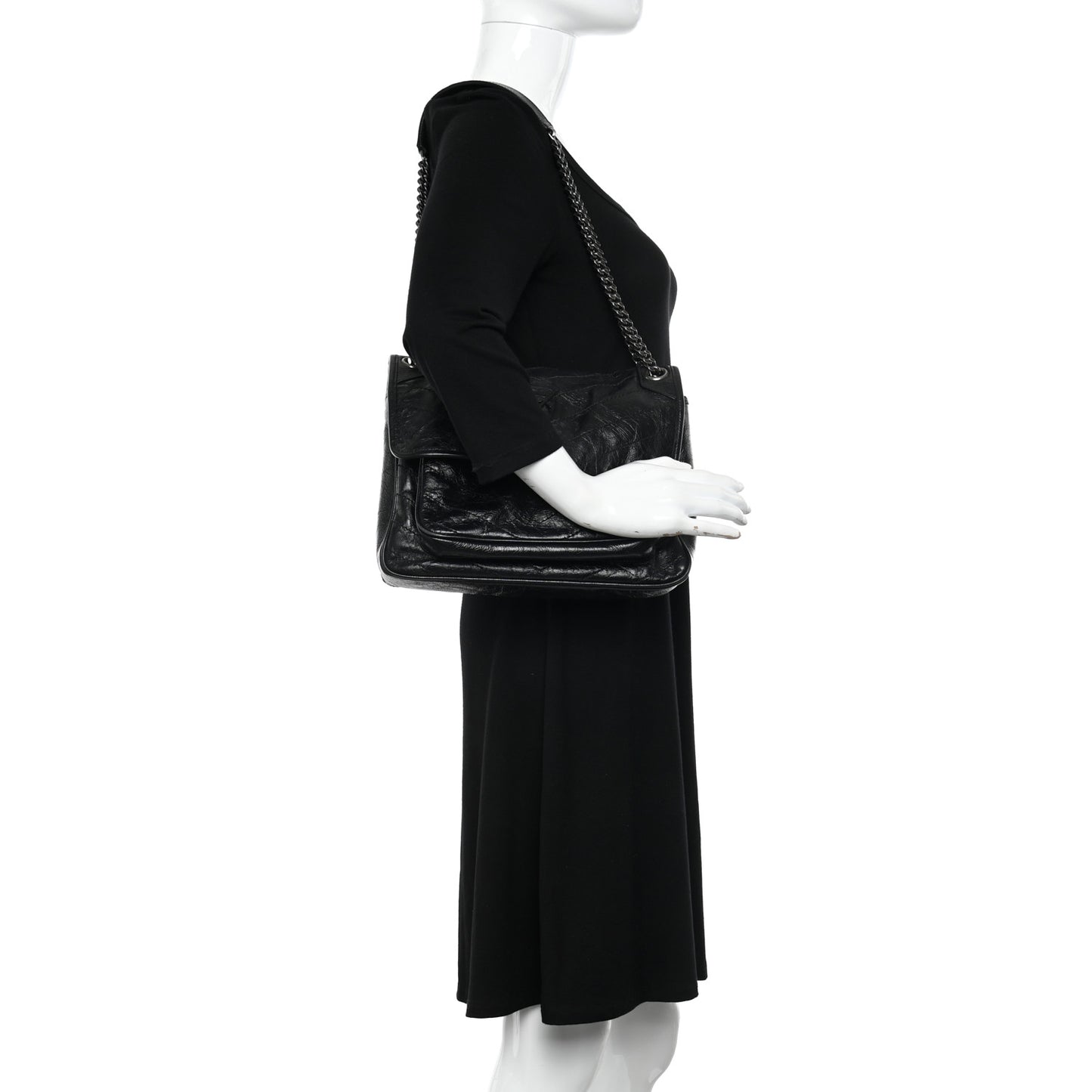 Crinkled Calfskin Matelasse Monogram Medium Niki Chain Satchel Black