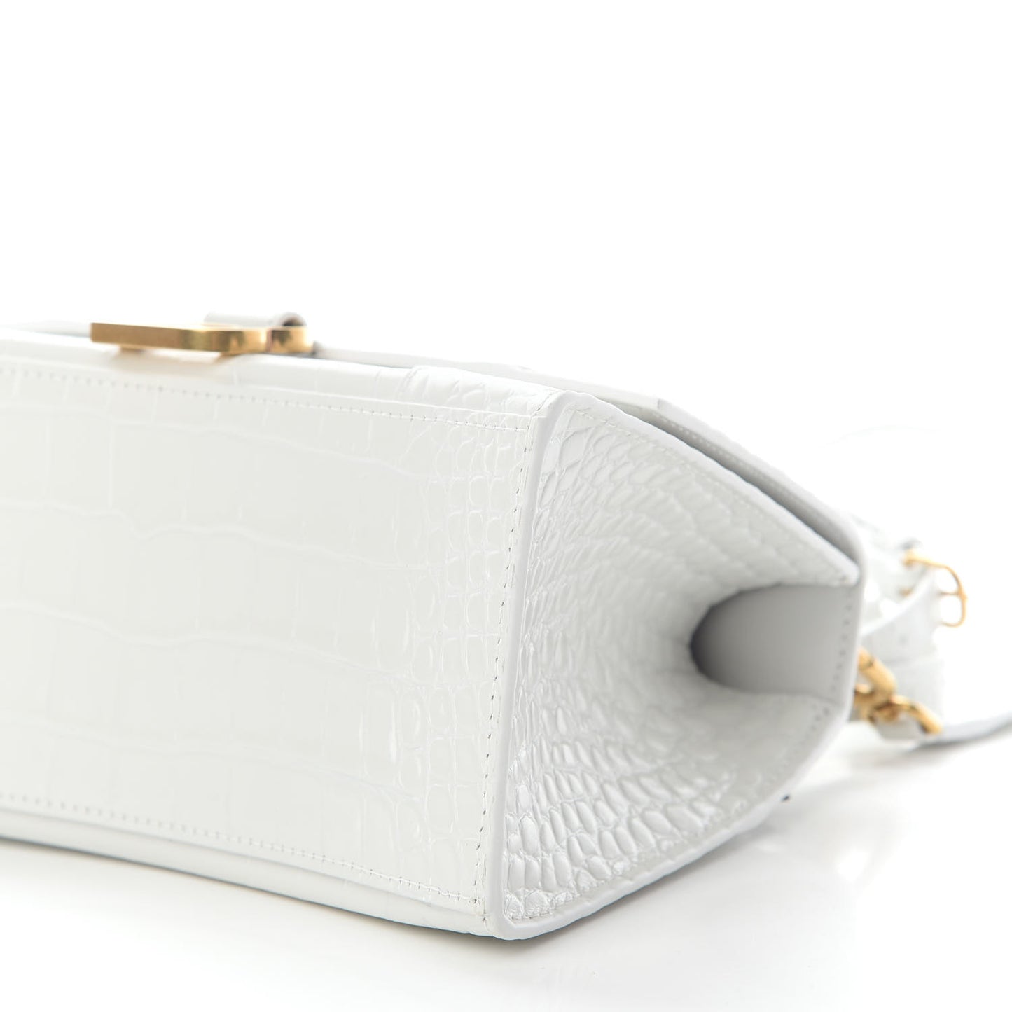 Shiny Calfskin Crocodile Embossed Small Hourglass Top Handle Bag White