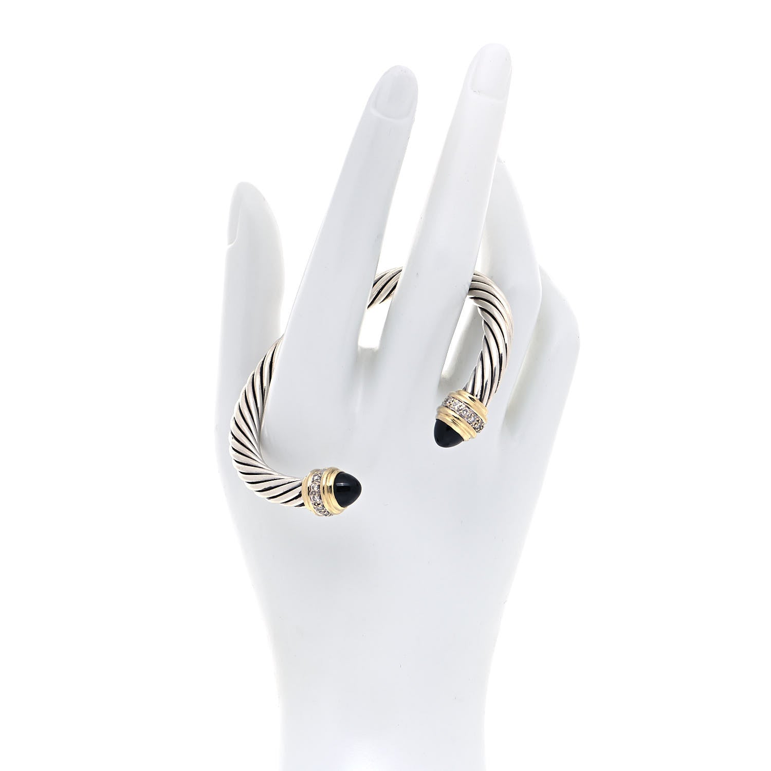 David Yurman Sterling Silver 18K Yellow Gold Diamond Black Onyx 7mm Cabochon Cable Classics Bracelet 2 of 4