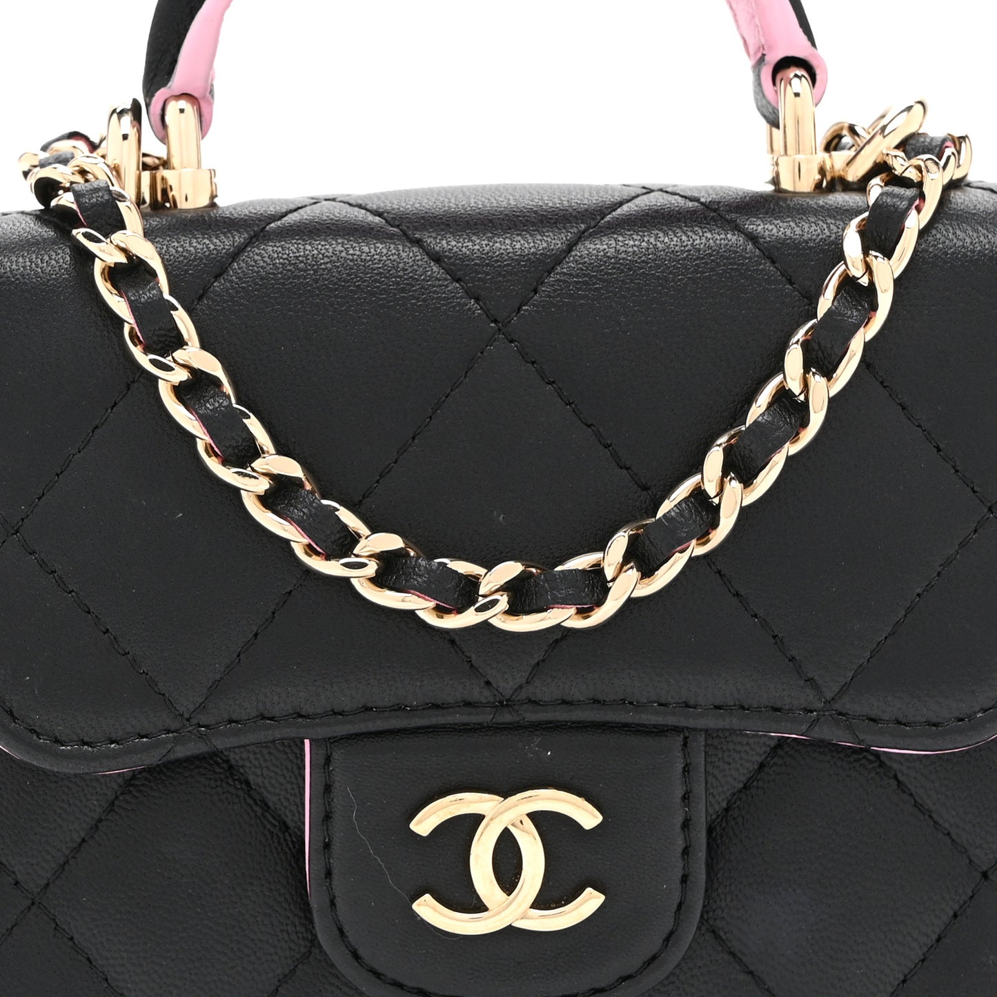 Lambskin Quilted Bi-Color Top Handle Clutch With Chain Black Pink