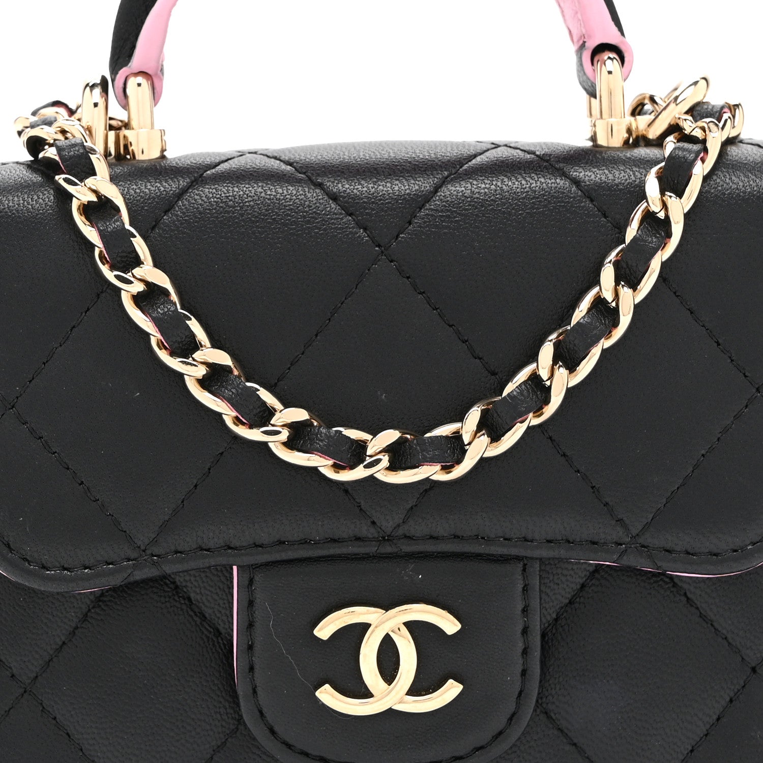 Chanel Lambskin Quilted Bi-Color Top Handle Clutch With Chain Black Pink 9 of 11
