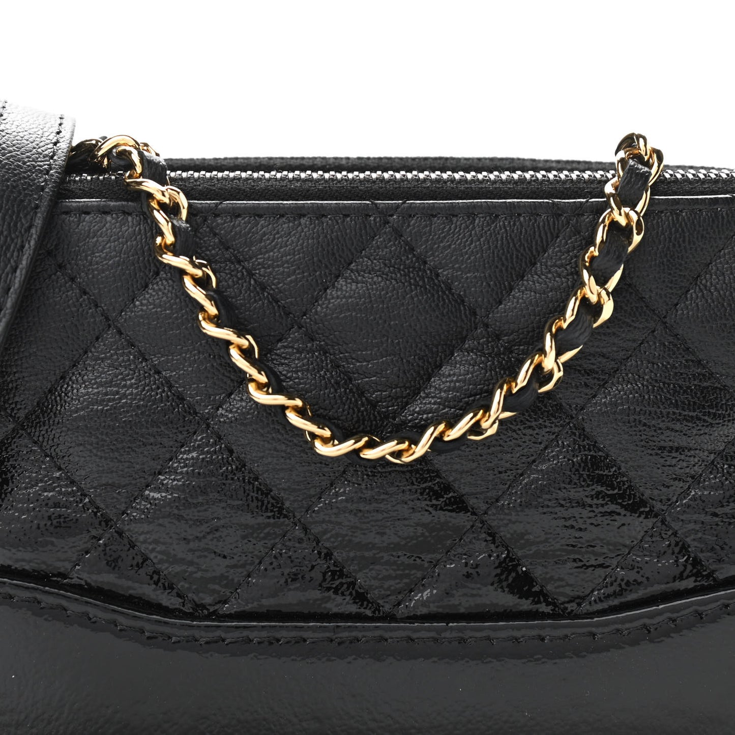 Patent Goatskin Quilted Small Gabrielle Clutch With Chain Black