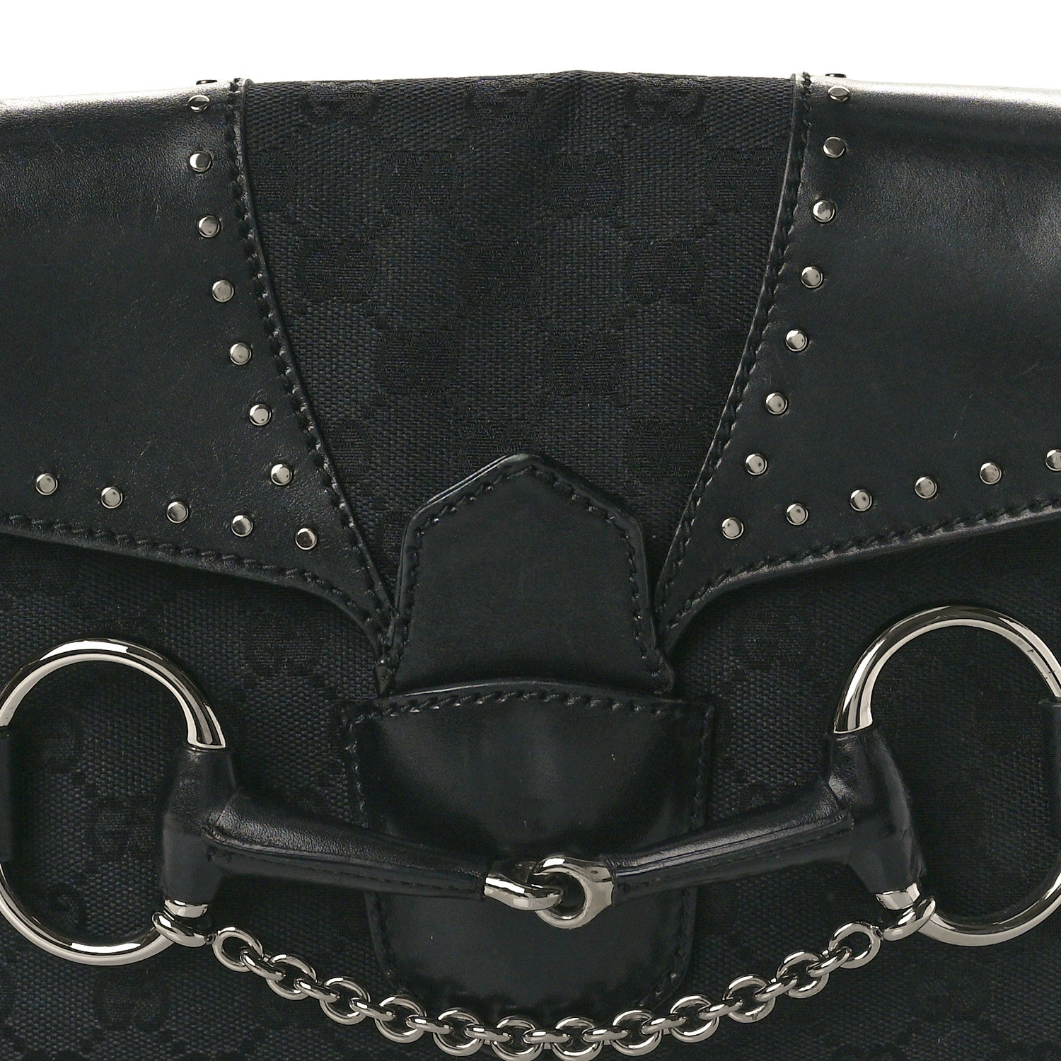 Gucci Monogram Horsebit Chain Studded Flap Shoulder Bag Black 8 of 16