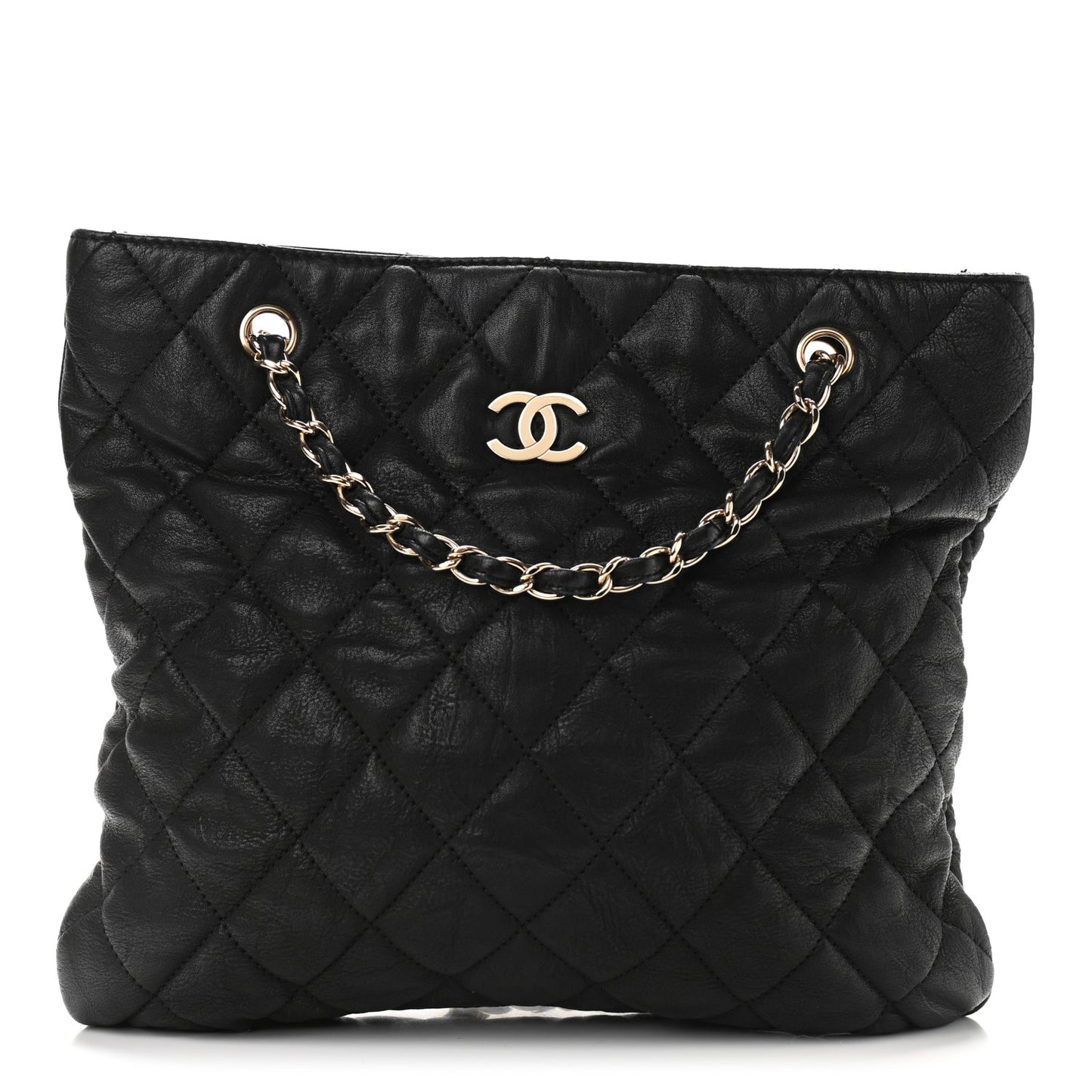 Crumpled Lambskin Quilted CC Shopping Tote Black