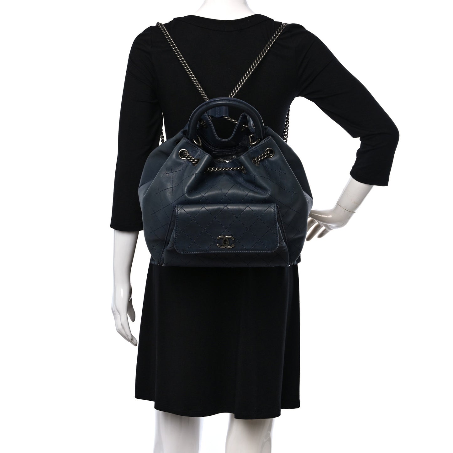 Calfskin Stitched Large Urban Luxury Drawstring Backpack Navy Blue