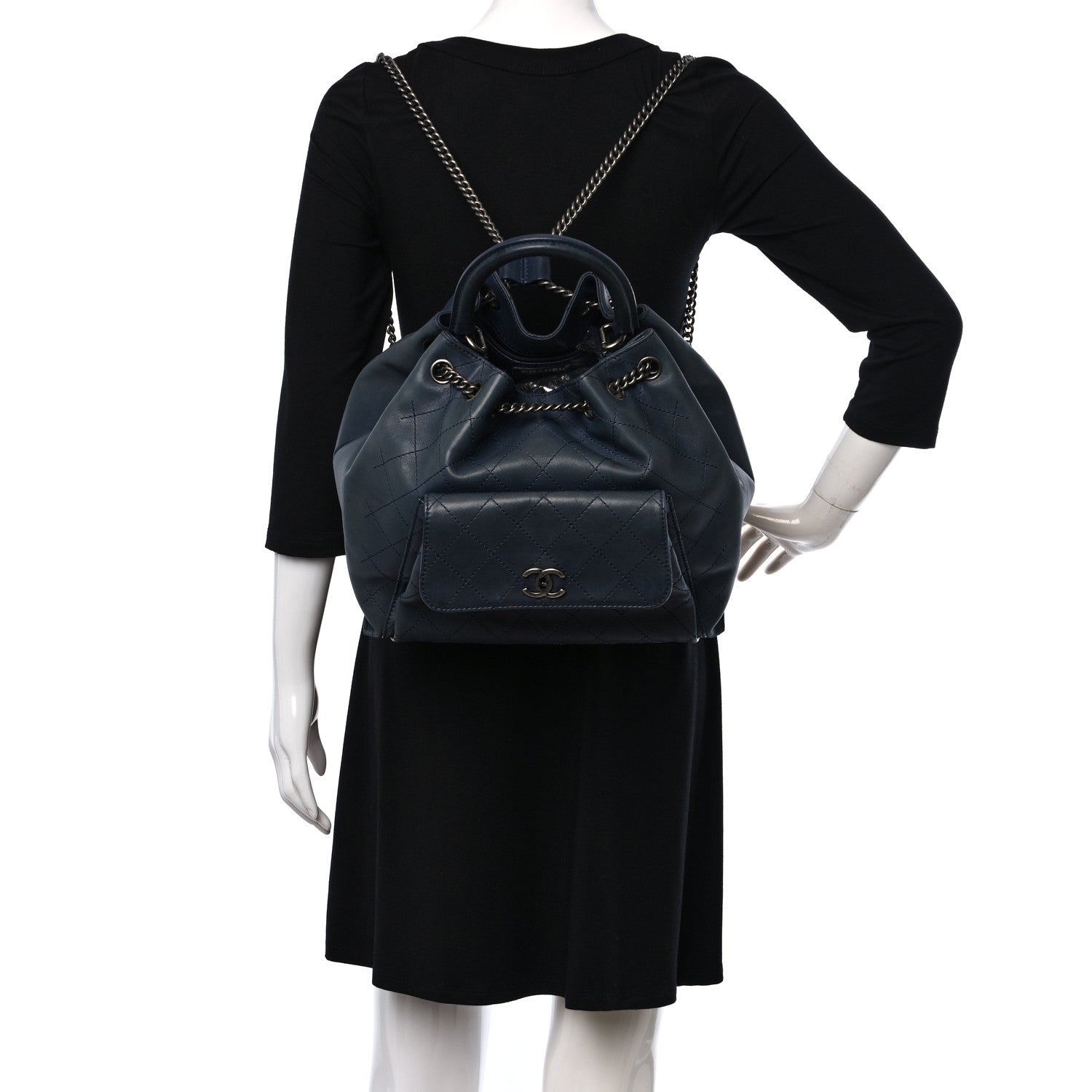 Chanel Calfskin Stitched Large Urban Luxury Drawstring Backpack Navy Blue 2 of 18