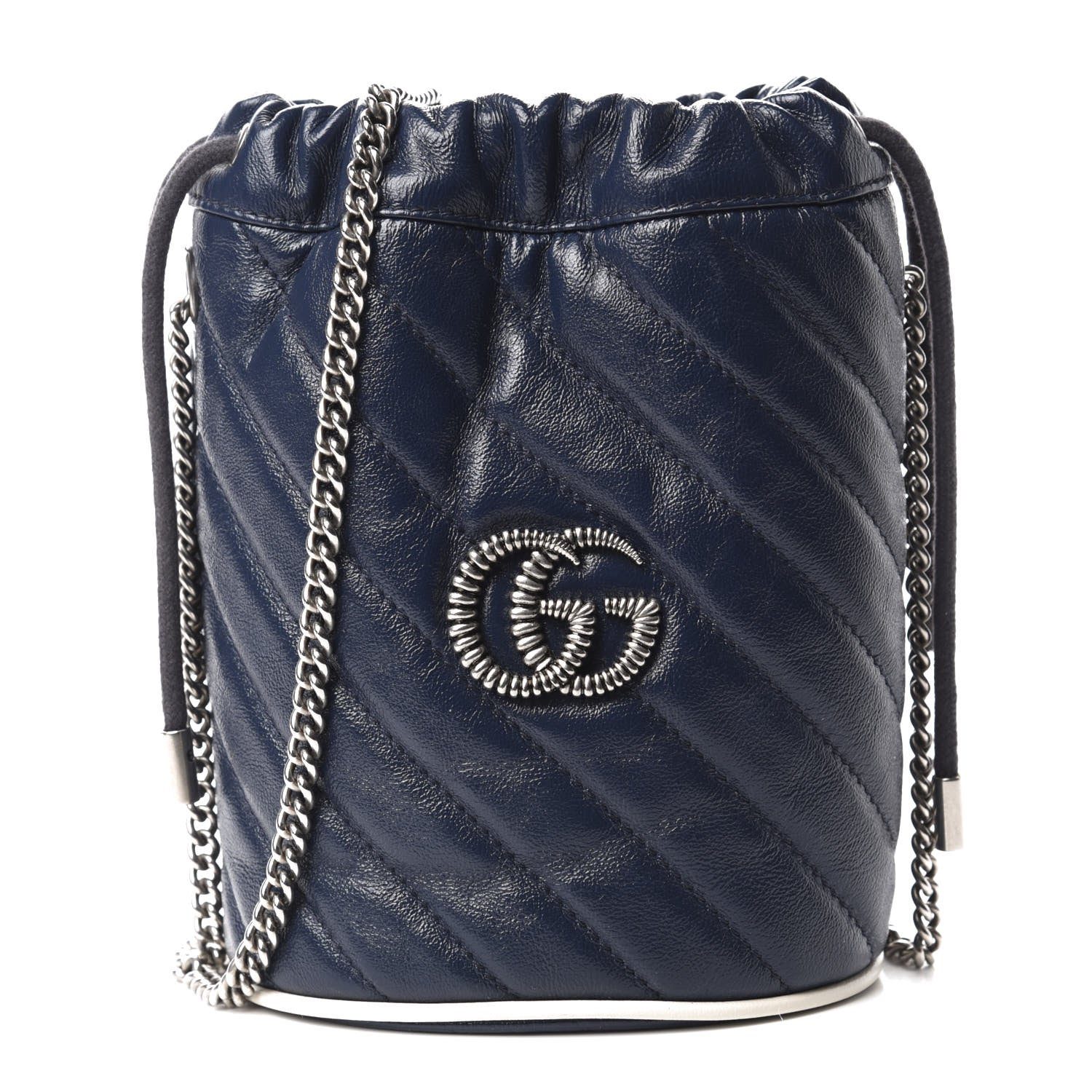 Gucci Vintage Effect Calfskin Matelasse Diagonal Mini Torchon GG Marmont 2.0 Bucket Bag Blue Agata Mystic White 1 of 11