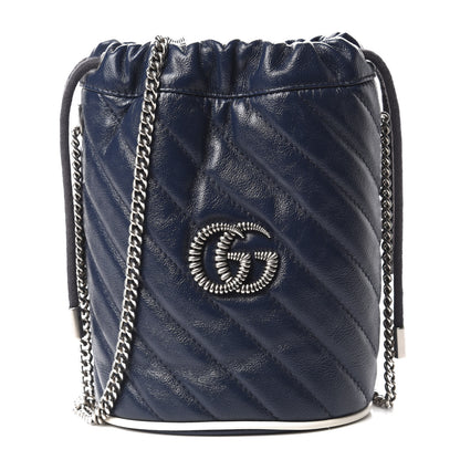 Gucci Vintage Effect Calfskin Matelasse Diagonal Mini Torchon GG Marmont 2.0 Bucket Bag Blue Agata Mystic White 1 of 11