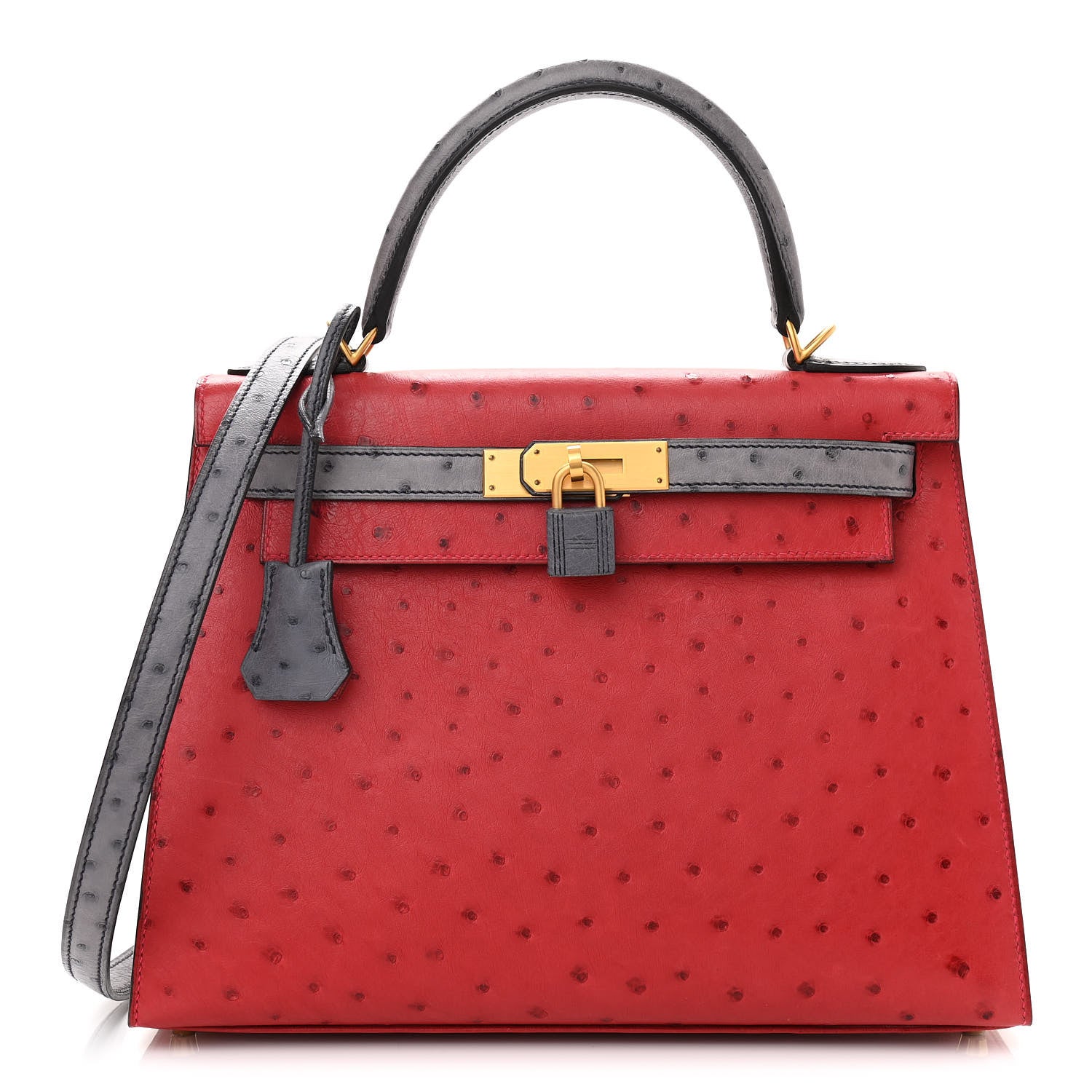 Hermes Ostrich Horseshoe Kelly Sellier 28 Rouge Vif Gris Agate 1 of 11