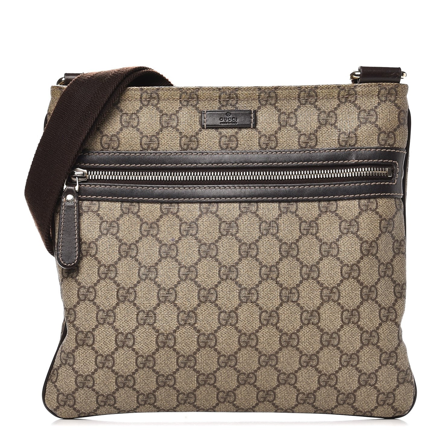 GG Supreme Monogram Selleria Calfskin Small Flat Side Zip Messenger Bag Beige Ebony Cocoa Dark Chocolate