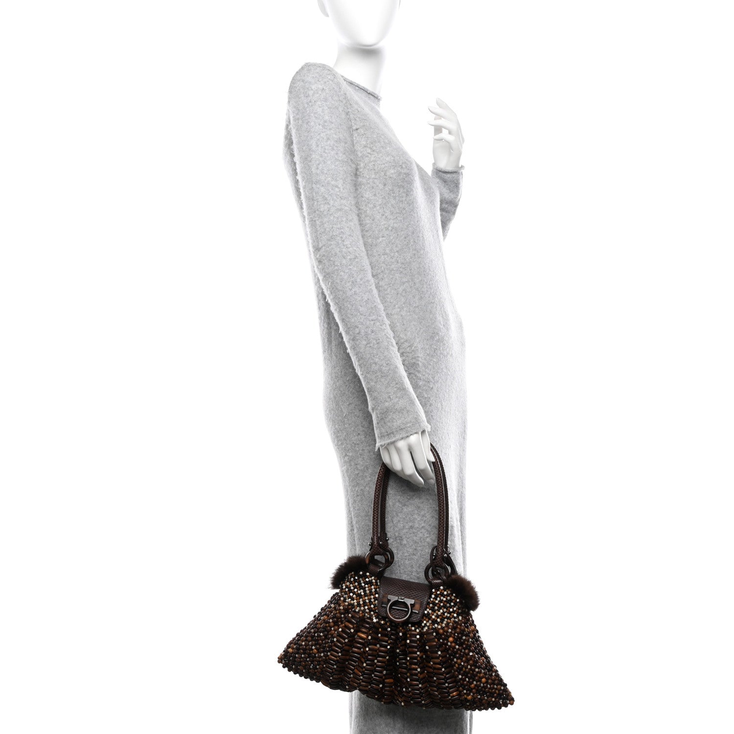 Salvatore Ferragamo Wood Beaded Lizard Mink Gancini Satchel Brown 2 of 10