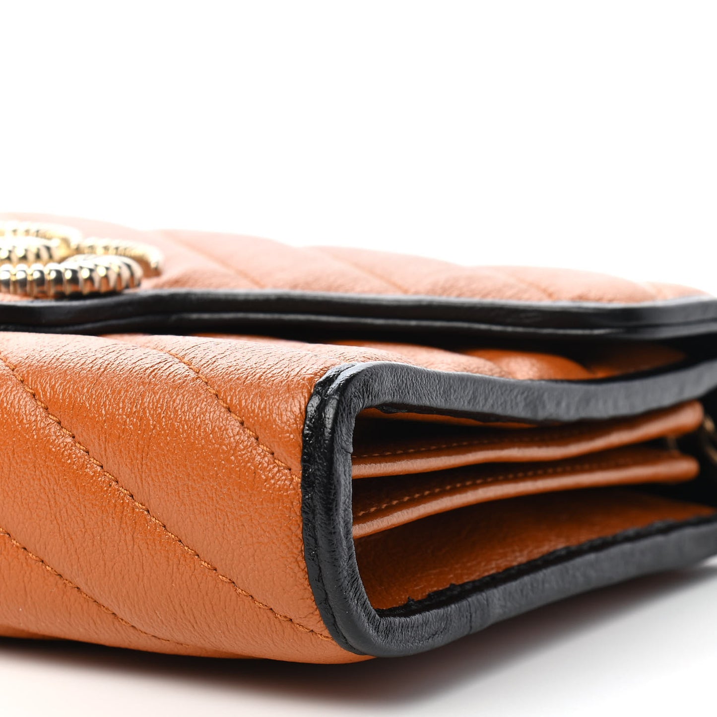 Vintage Effect Calfskin Matelasse Diagonal Torchon GG Marmont Chain Wallet Cognac