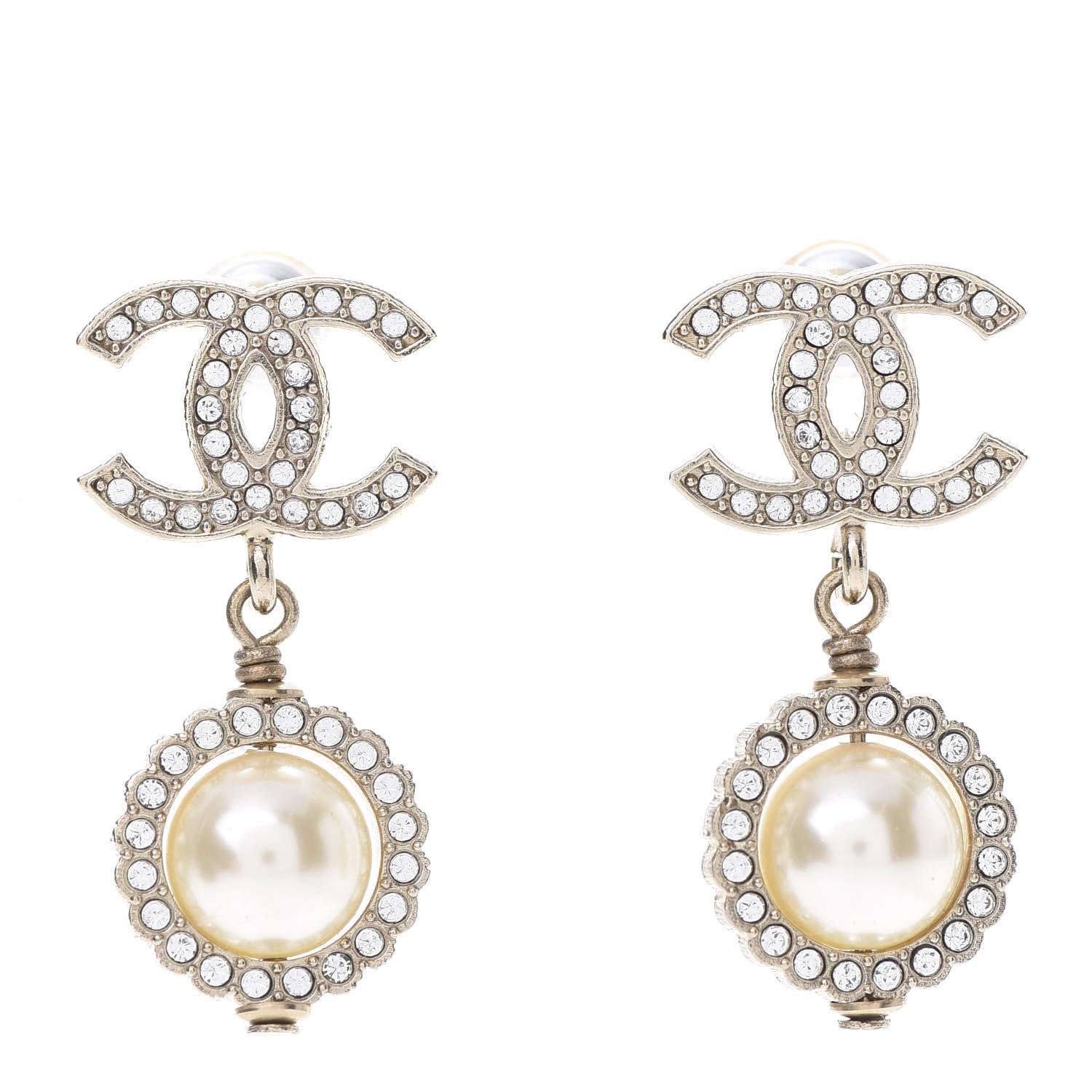 Chanel Crystal Pearl CC Lace Camellia Earrings Gold 1 of 5