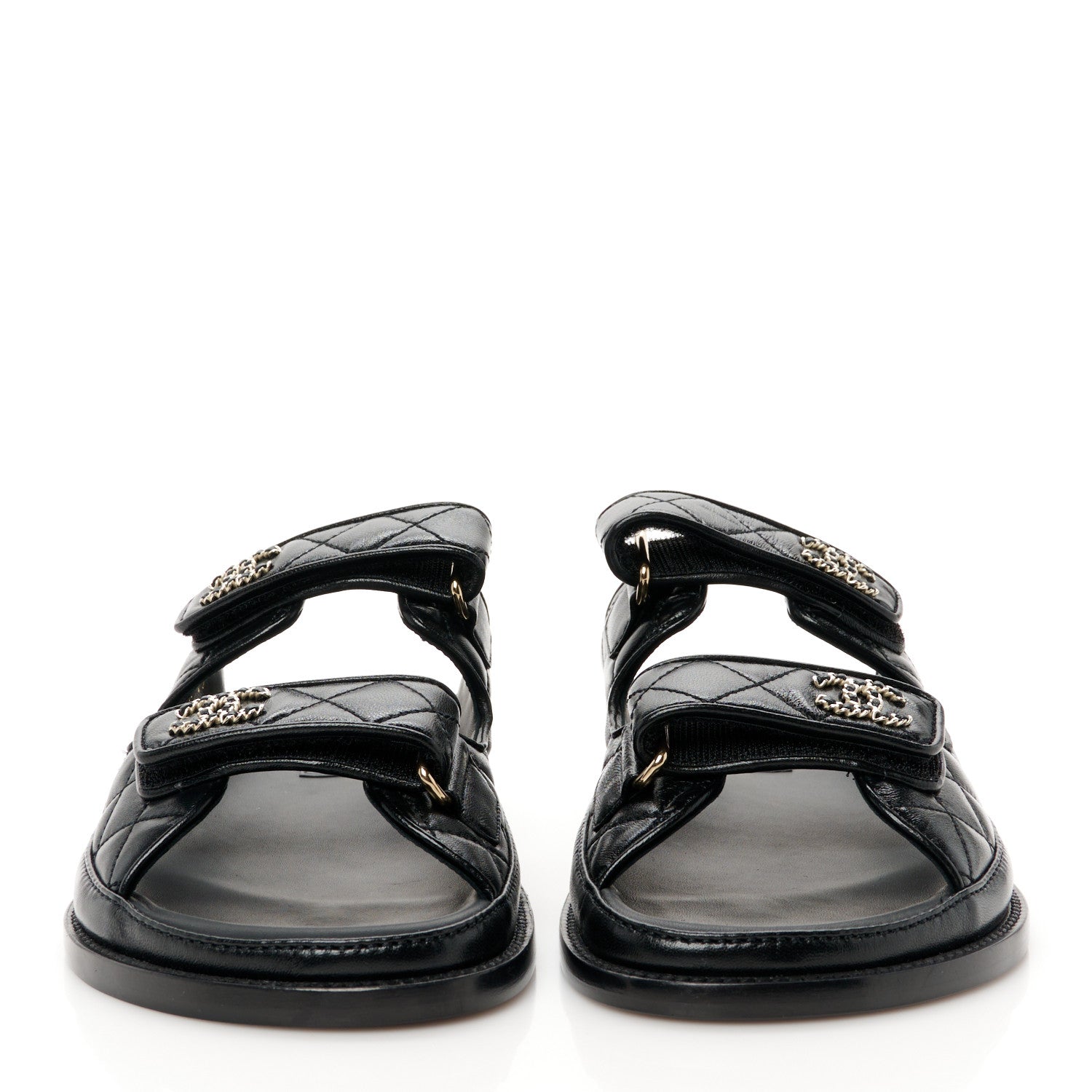 Chanel Lambskin Quilted Velcro Dad Chain CC Slide Sandals 38.5 Black 3 of 9