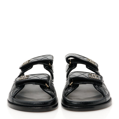 Chanel Lambskin Quilted Velcro Dad Chain CC Slide Sandals 38.5 Black 3 of 9