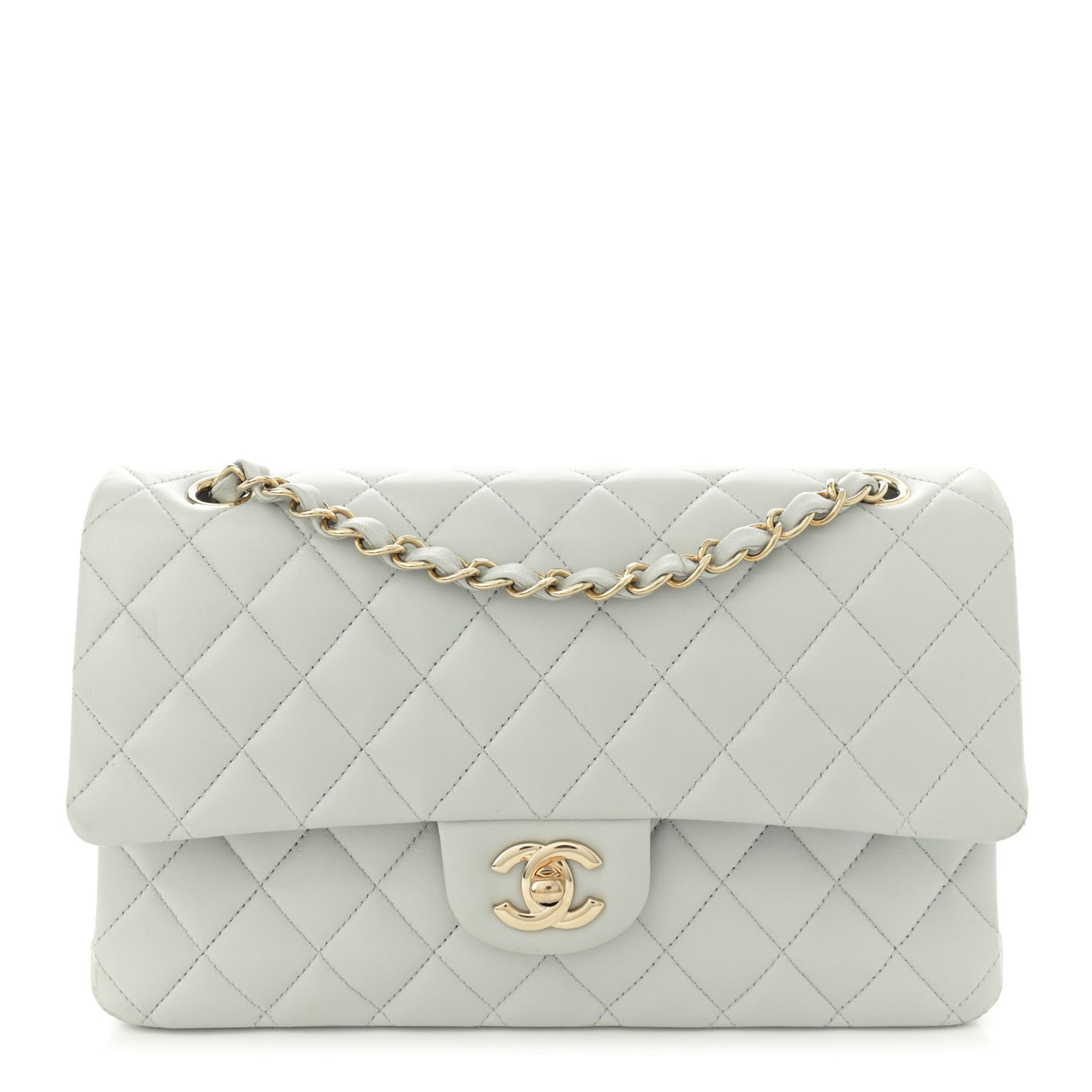 Lambskin Quilted Medium Double Flap Light Blue