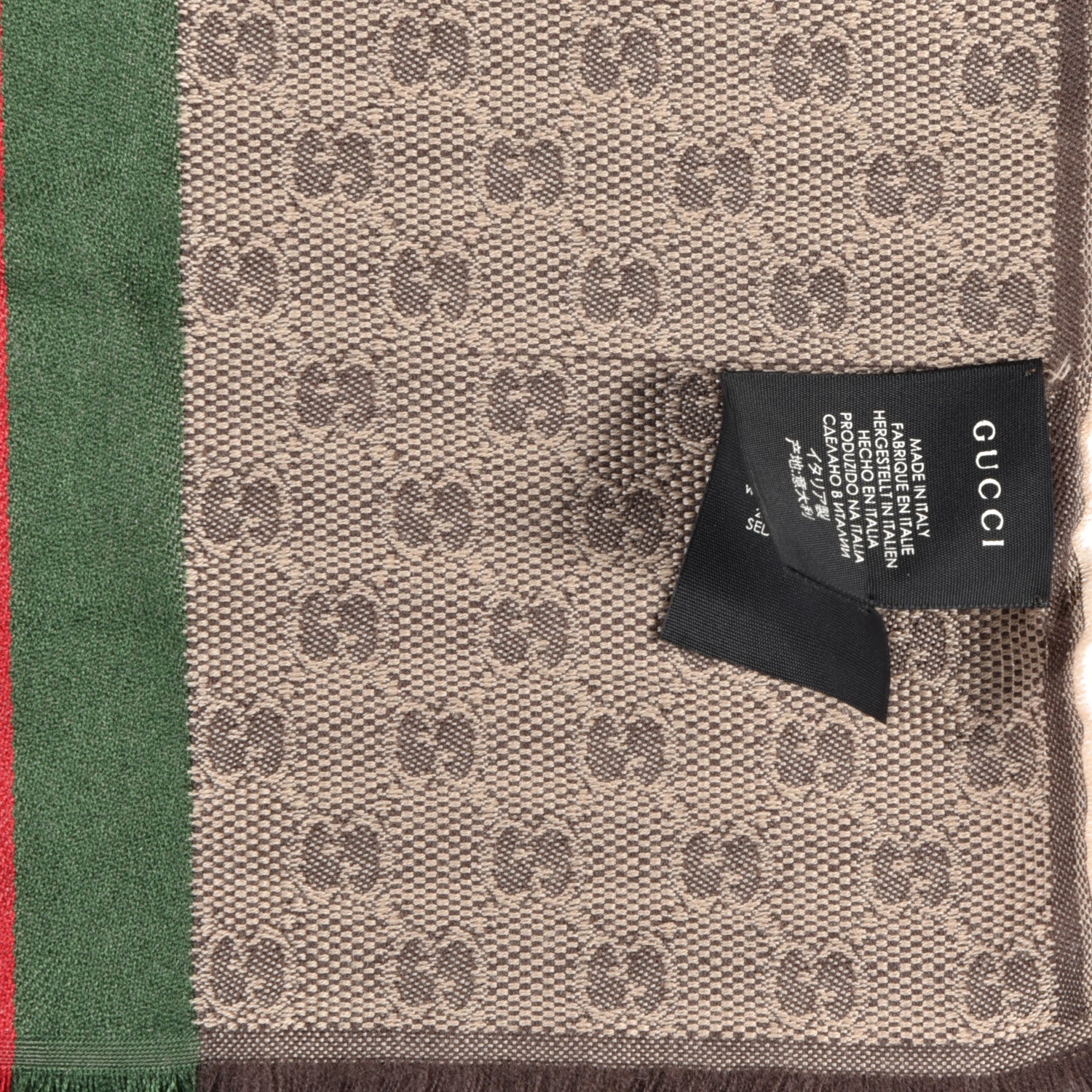Gucci Wool Silk GG Monogram Web Verbier Fringe Scarf Light Brown Dark Green 4 of 5
