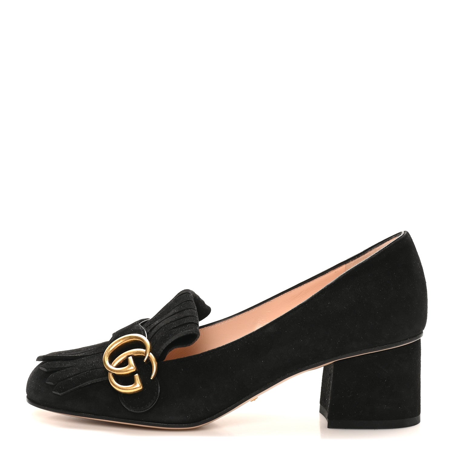 Gucci Kid Scamosciato GG Marmont Fringe 50mm Loafer Pumps 38 Black 1 of 9