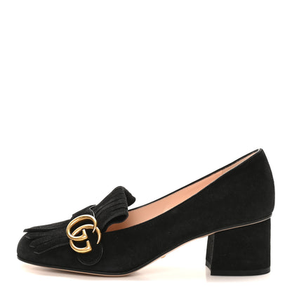 Gucci Kid Scamosciato GG Marmont Fringe 50mm Loafer Pumps 38 Black 1 of 9